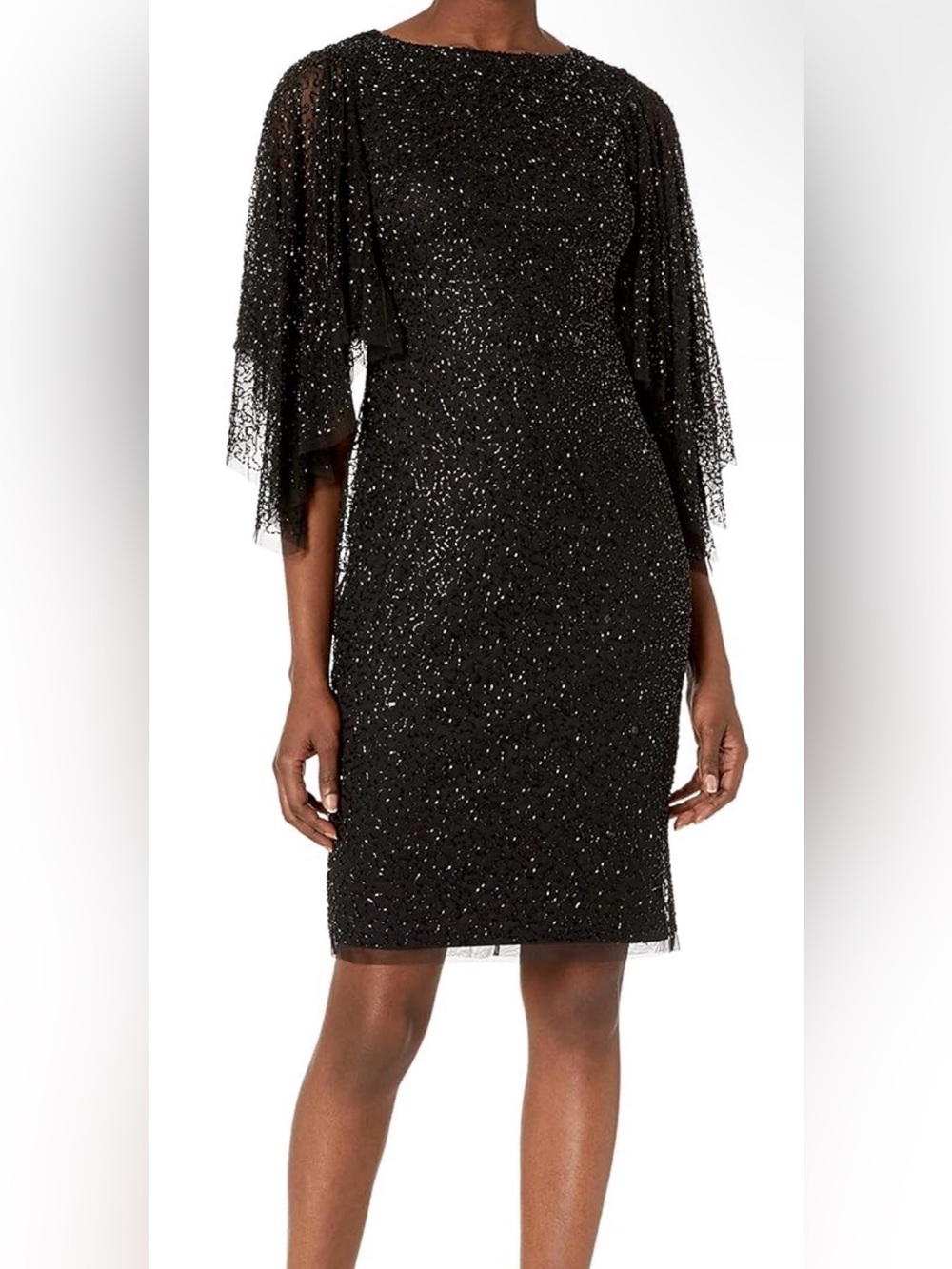Adrianna Papell Black Sequin Midi Dress with Layered Flutter Sleeves